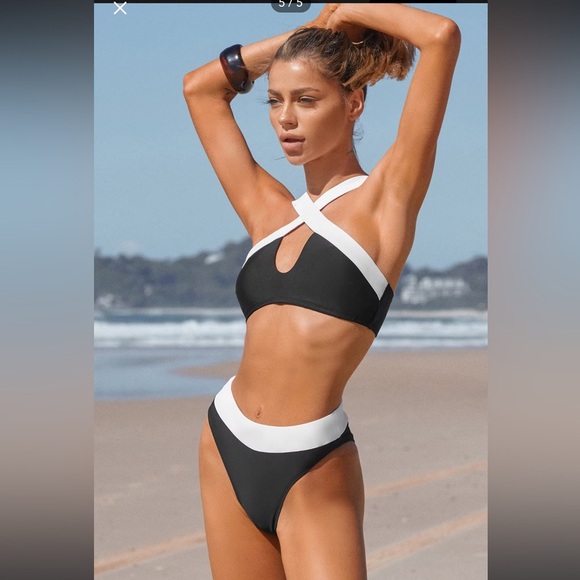 New! Black/White Colorblock Wrap Top & Extra Cheeky Bikini Swimsuit Size Large - Picture 11 of 12